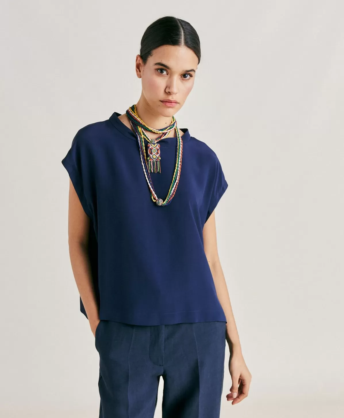 Bluse E Camicie-Momonì Blusa Curacao In Acetato Seta - Blu Notte