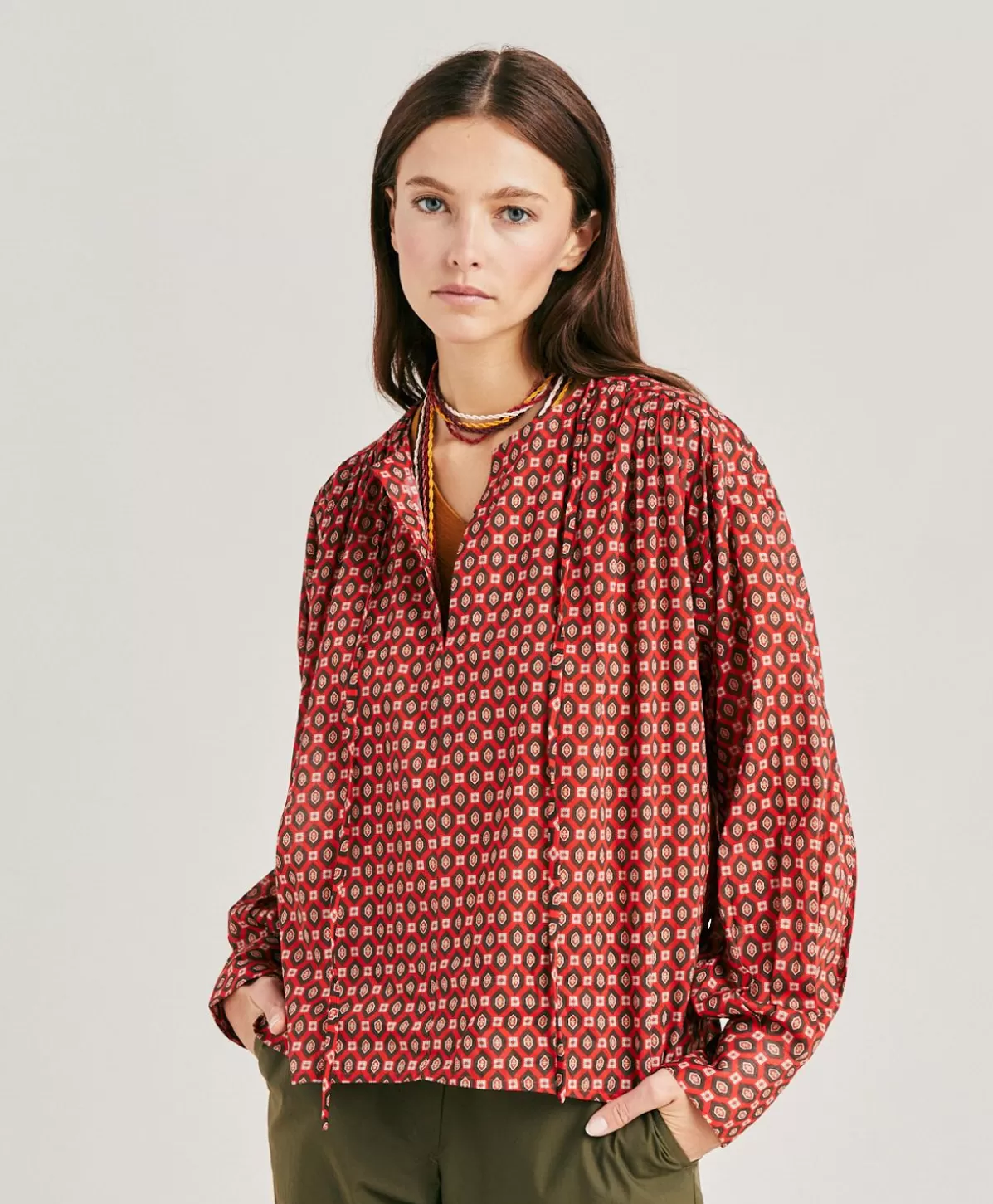 Bluse E Camicie-Momonì Blusa Gipsofilia In Voile Di Cotone Stampato - Rosso