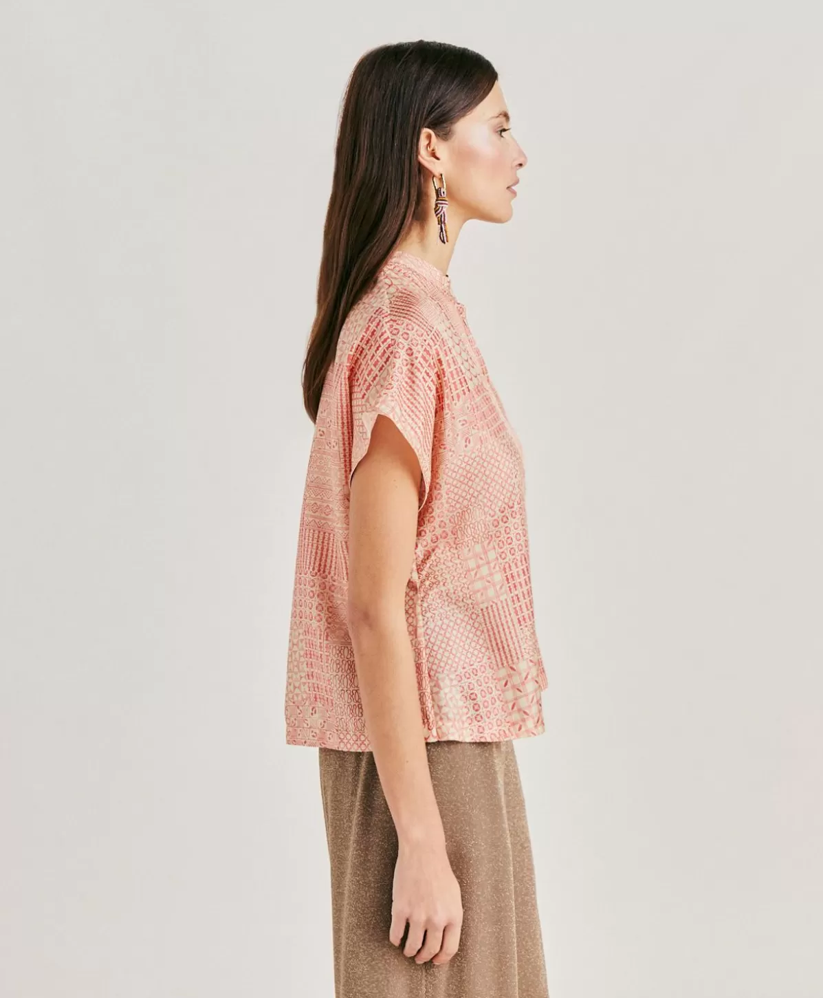 Bluse E Camicie-Momonì Blusa Paso In Haboutai Di Seta - Panna/Corallo