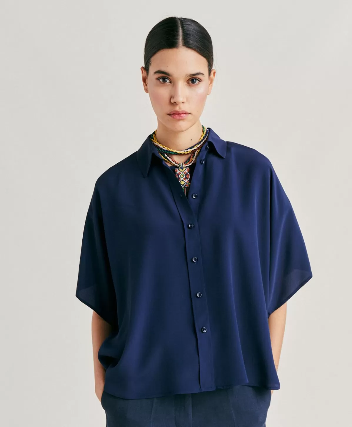 Bluse E Camicie-Momonì Camicia Brooklyn In Acetato Seta - Blu Notte