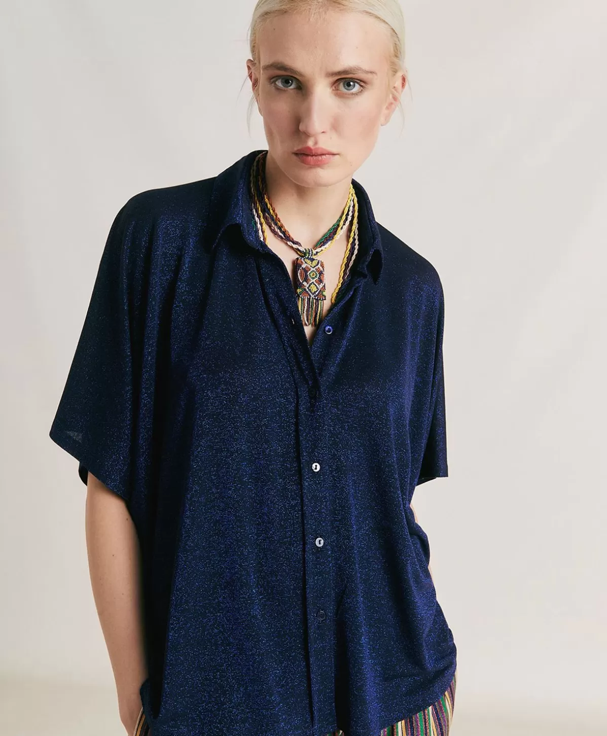 Bluse E Camicie-Momonì Camicia Brooklyn In Jersey Lurex - Bluette