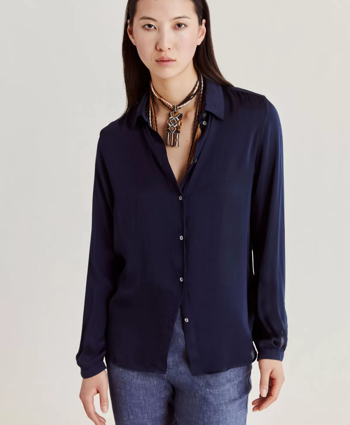 Bluse E Camicie-Momonì Camicia Meudon In Seta Unita - Blu Notte