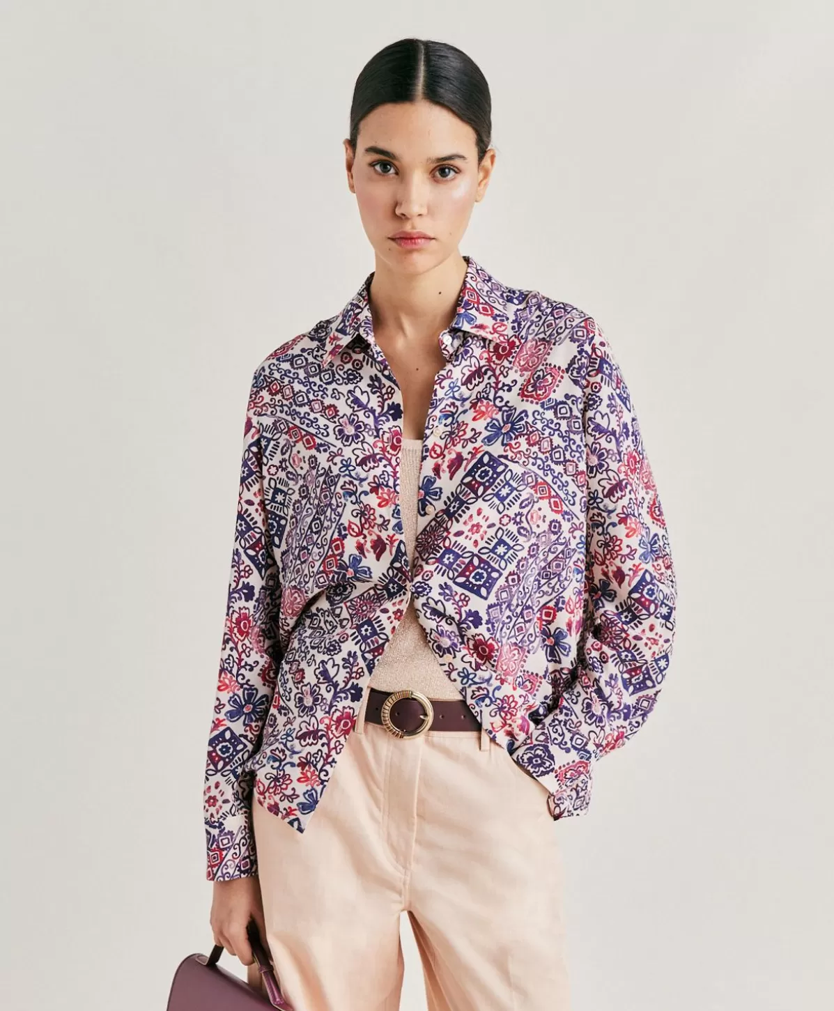 Bluse E Camicie-Momonì Camicia Shirt In Crepe De Chine - Panna/Violaceo