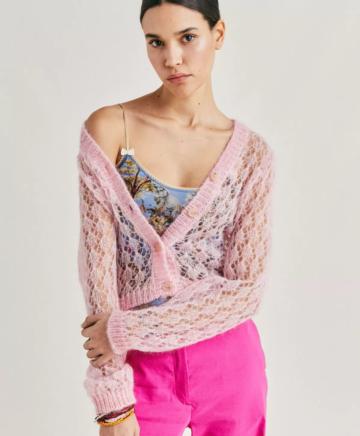 Maglieria-Momonì Cardigan Altea In Soft Mohair - Rosa Baby