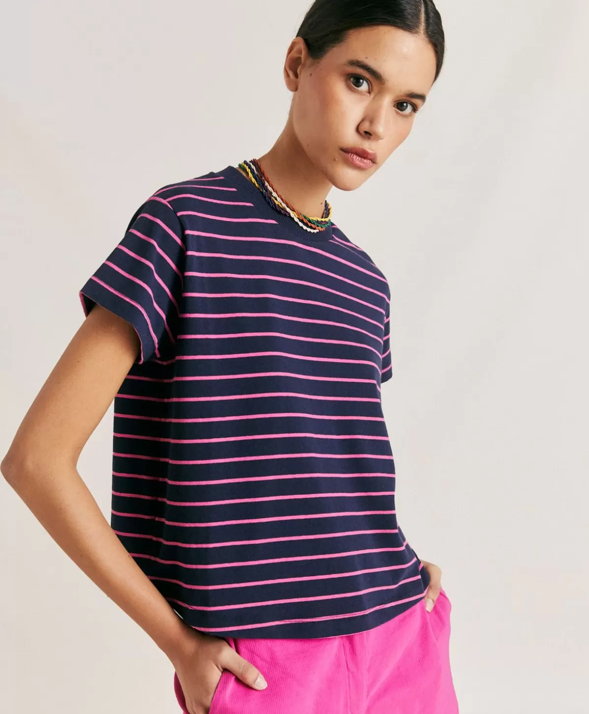 T-Shirts E Top-Momonì Tshirt Lottie In Jersey A Righine - Fucsia/Blu