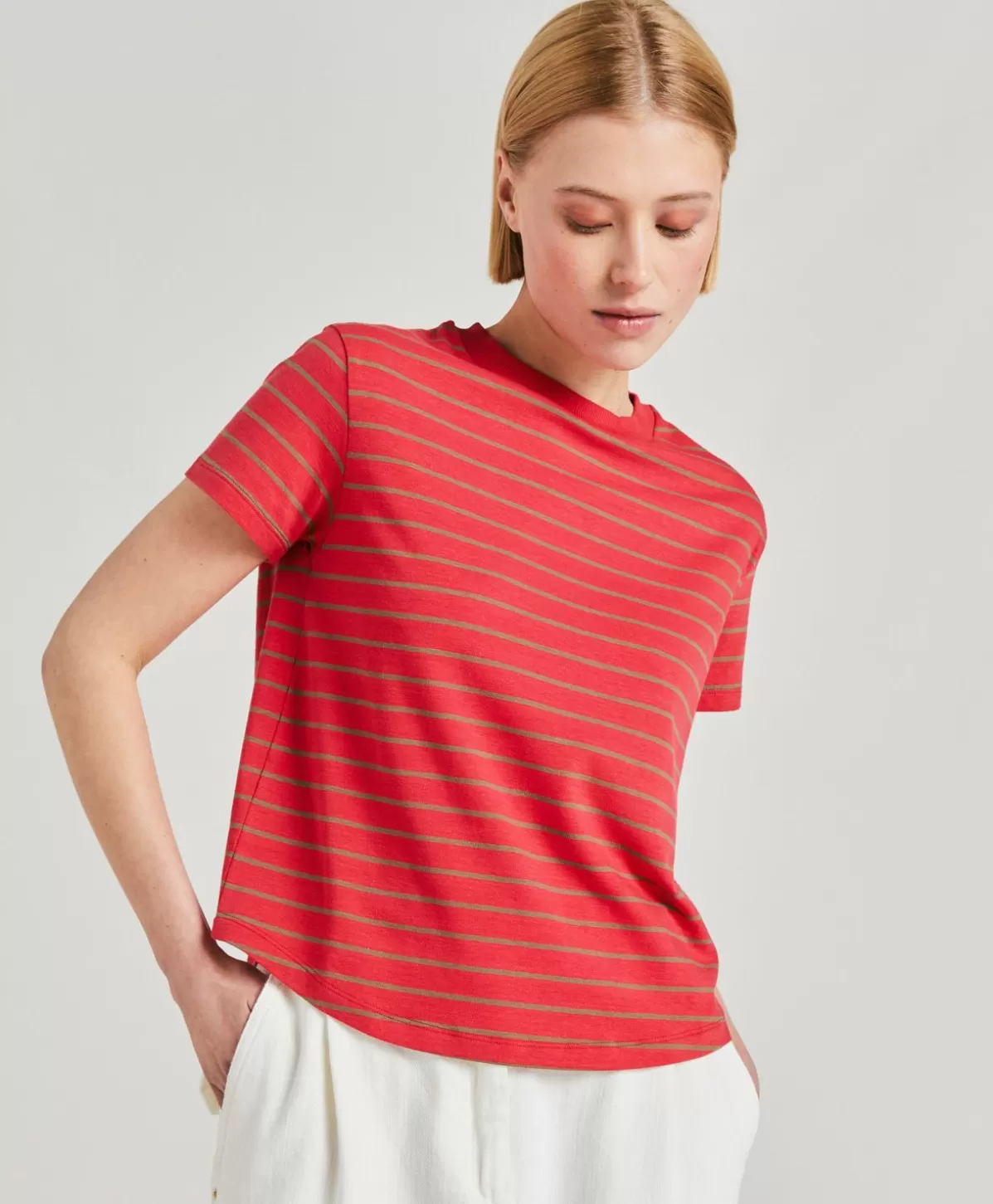 T-Shirts E Top-Momonì Tshirt Lottie In Jersey A Righine - Rosso/Tabacco