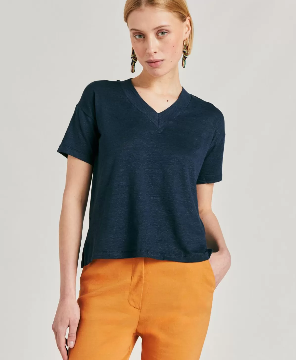 T-Shirts E Top-Momonì Tshirt Nancy In Jersey Lino - Blu Notte