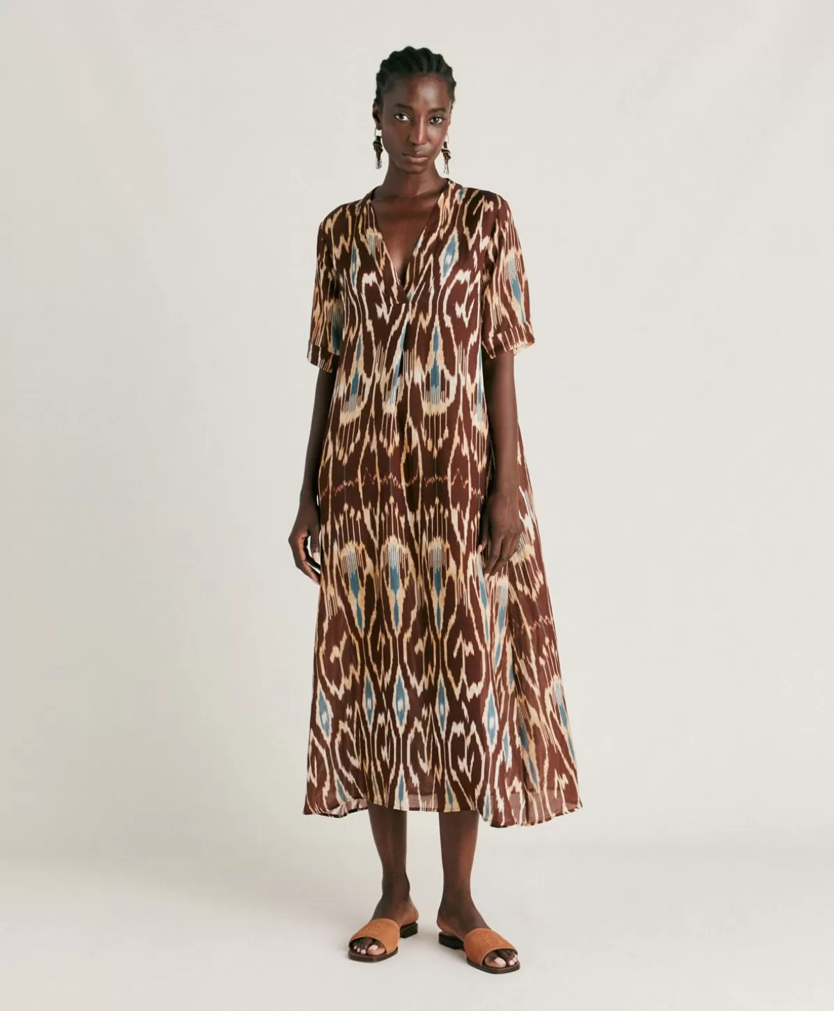 Vestiti-Momonì Vestito Altamura In Viscosa Lino - Cacao Multicolor